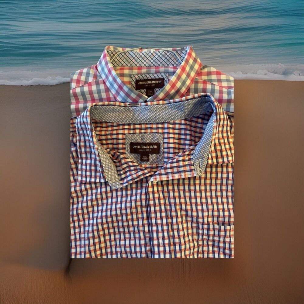 Johnston & Murphy Mens XXL Button Down Shirt Lot 2 Plaid Gingham Cotton